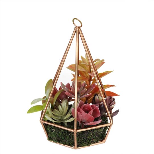 9" Artificial Succulent Arrangement In 6 Sided Copper Wire Frame By Northlight | 9" x 6.5" x 6.5" | Michaels®
